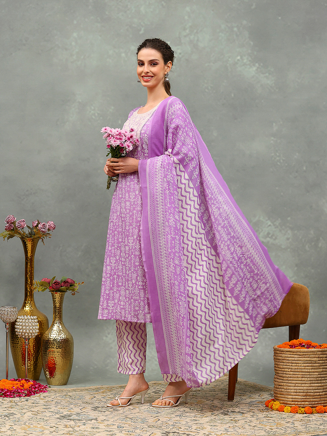 Printed Cotton Blend Kurta With Pants & Dupatta