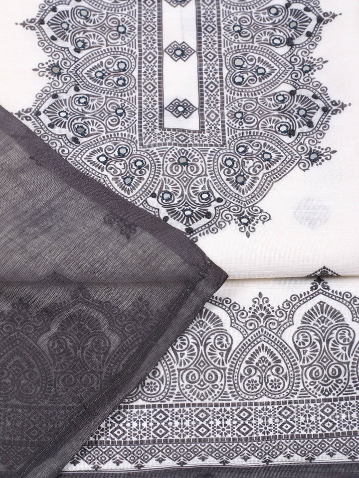 Printed Cotton Blend Unstitched Suit With Pant &amp; Dupatta
