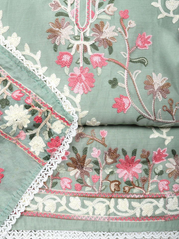 Embroidered Chanderi Unstitched Suit With Pant &amp; Dupatta