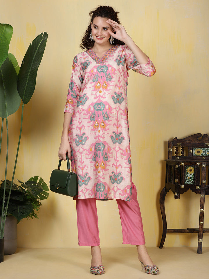 Neck Embroidered Muslin Kurta With Pants
