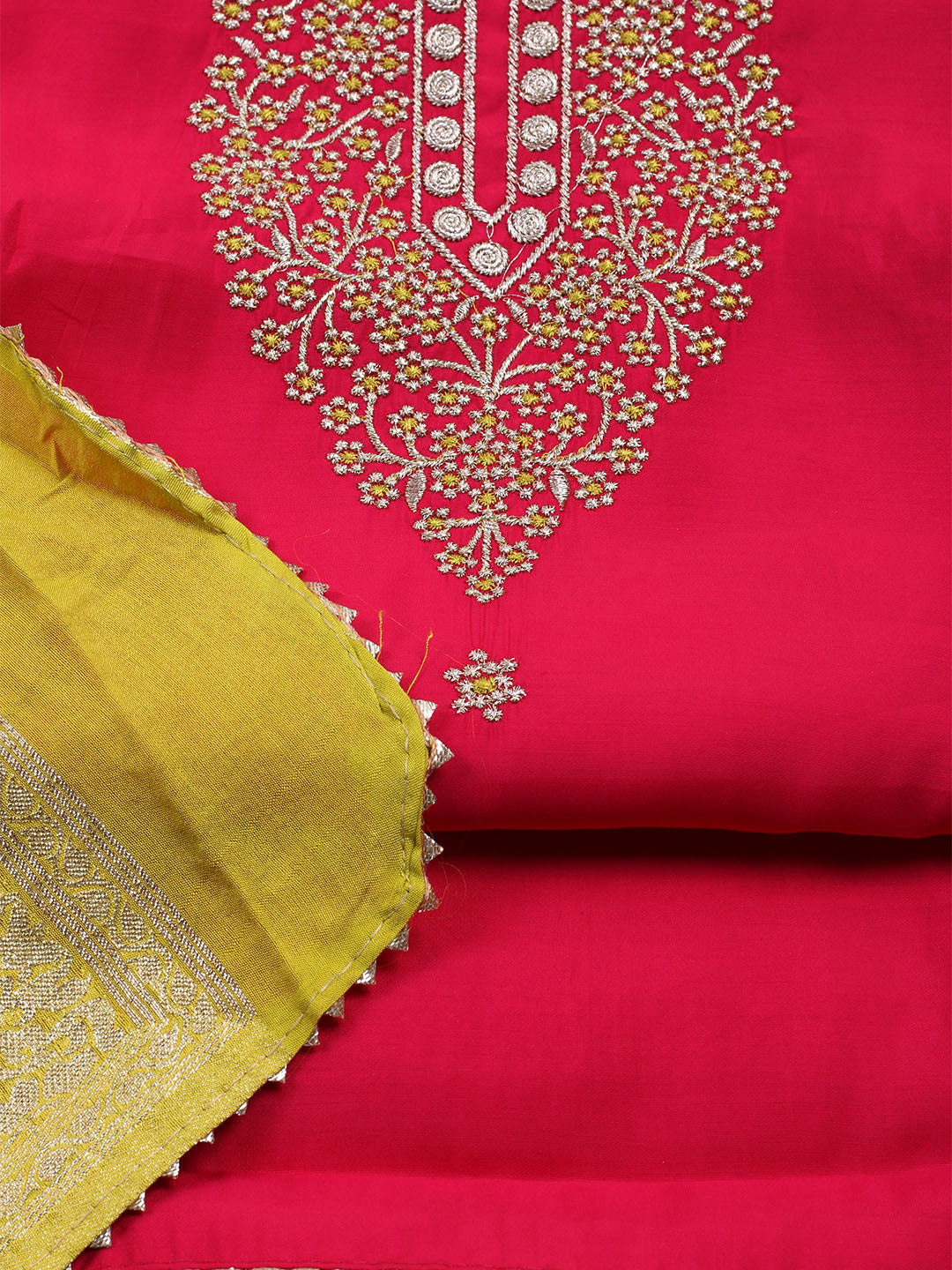 Neck Embroidered Chanderi Unstitched Suit With Dupatta