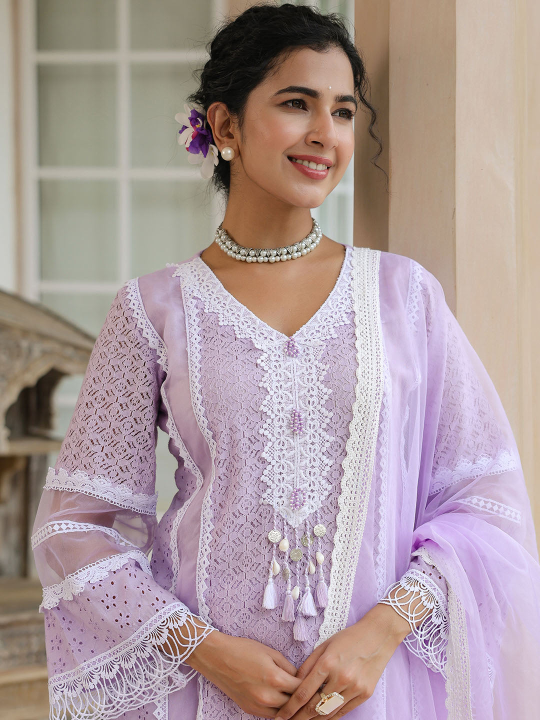Lavender Embroidered Cotton Blend A-Line Suit Set With Dupatta