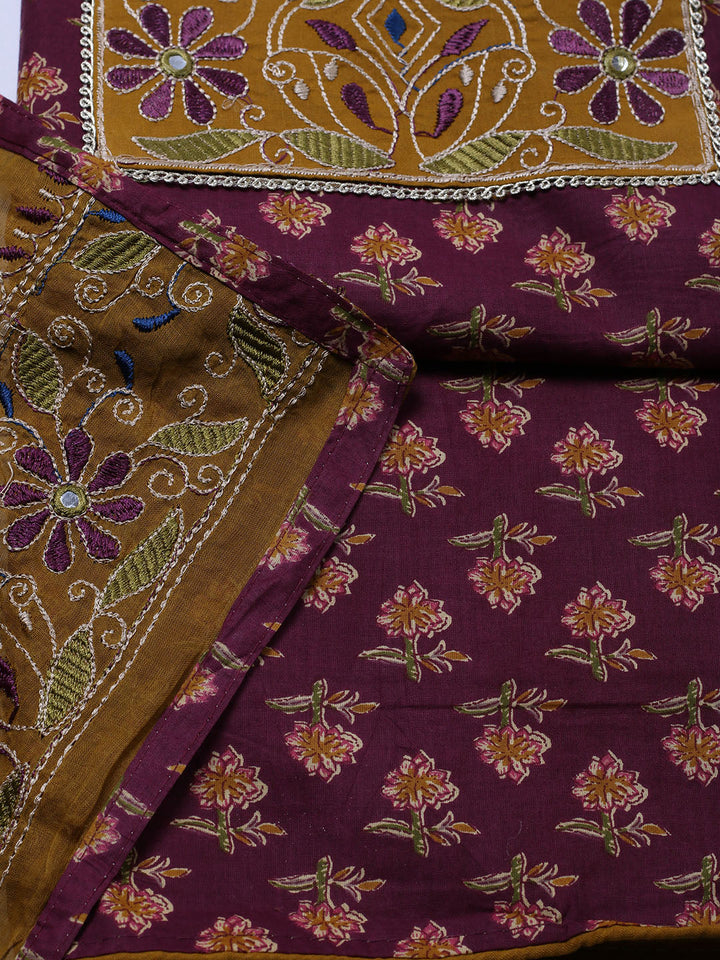 Embroidered Cotton Blend Unstitched Suit With Pant &amp; Dupatta