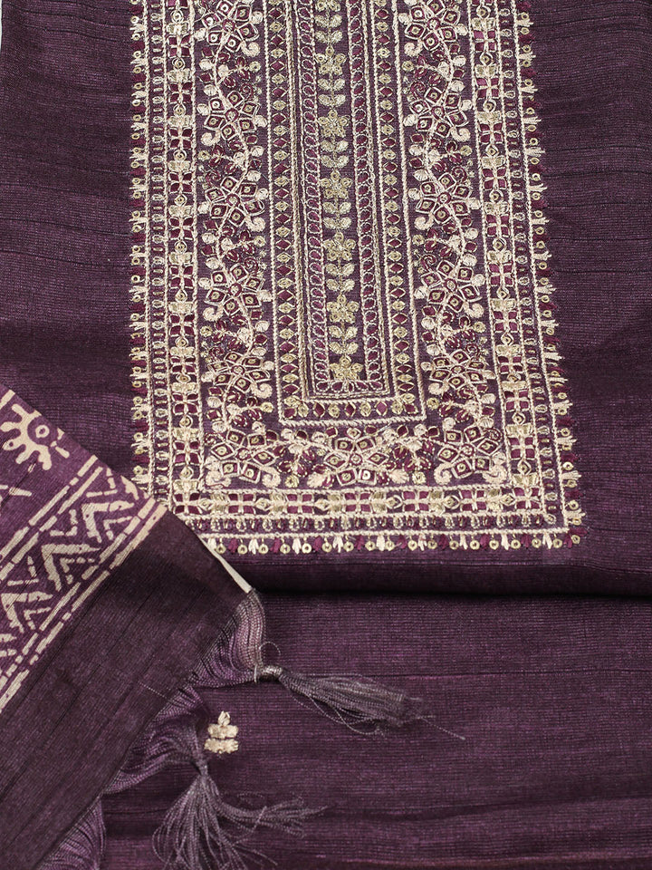 Embroidered Chanderi Unstitched Suit With Pant &amp; Dupatta