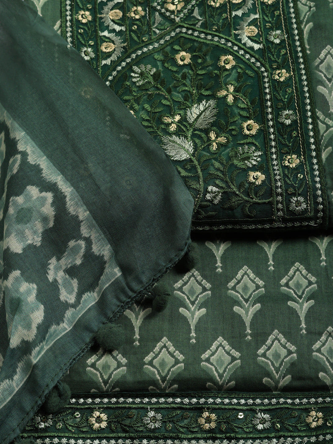 Printed Cotton Blend Unstitched Suit With Pant &amp; Dupatta