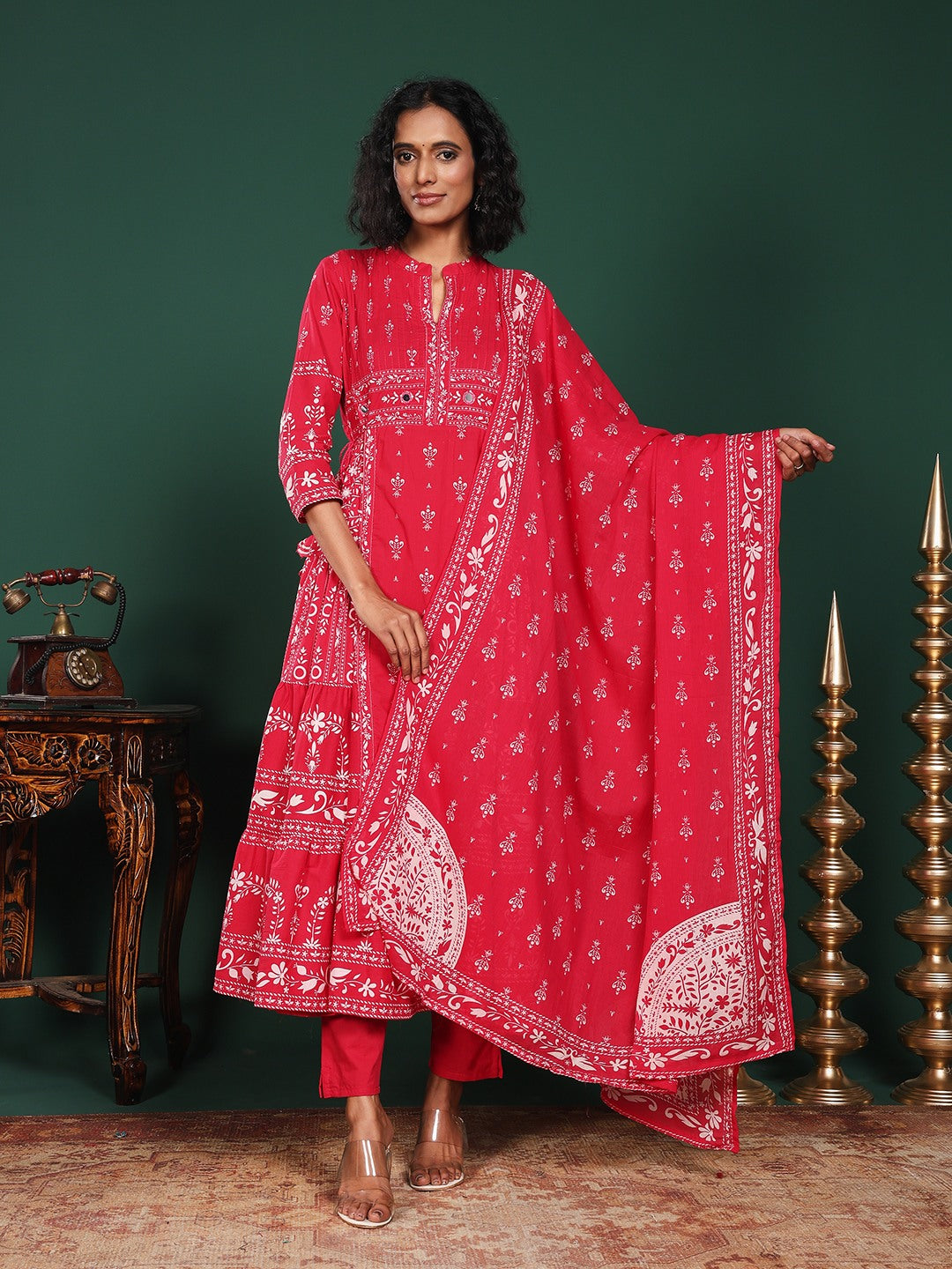 Pink Cotton Blend Floral Printed Straight Suit Set