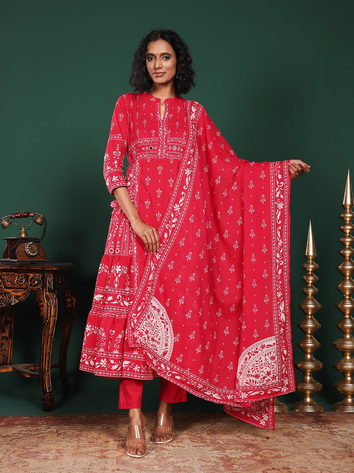 Pink Cotton Blend Floral Printed Straight Suit Set