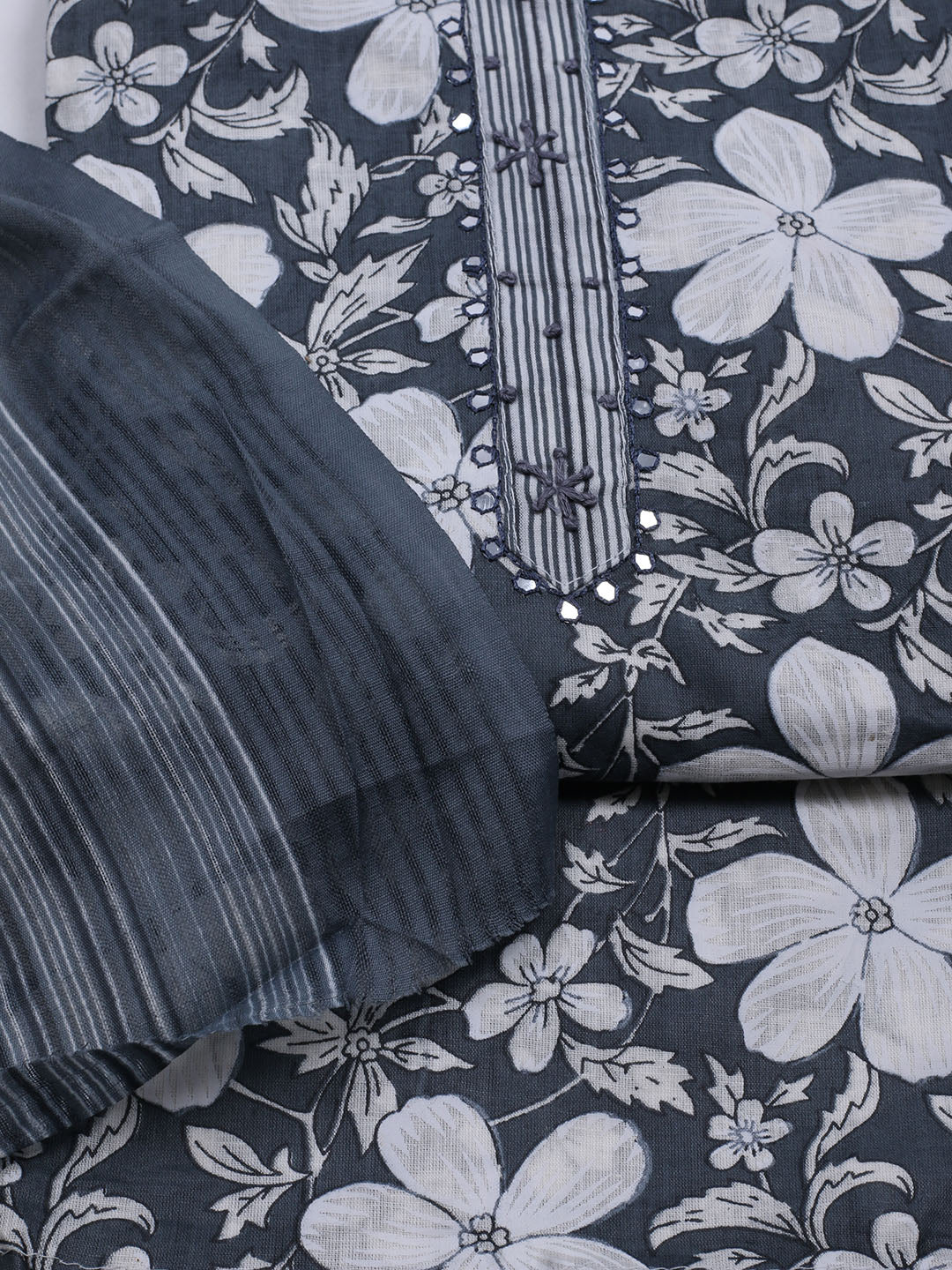 Floral Printed Cotton Blend Unstitched Suit With Dupatta