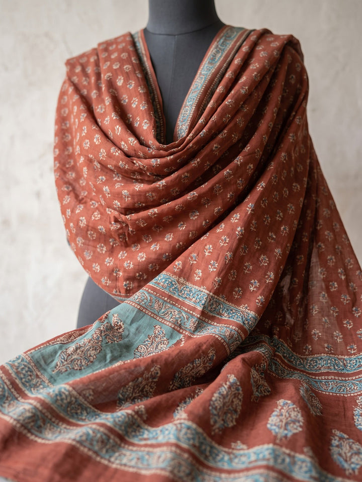 Red Printed Cotton Blend Kurta With Pant &amp; Dupatta