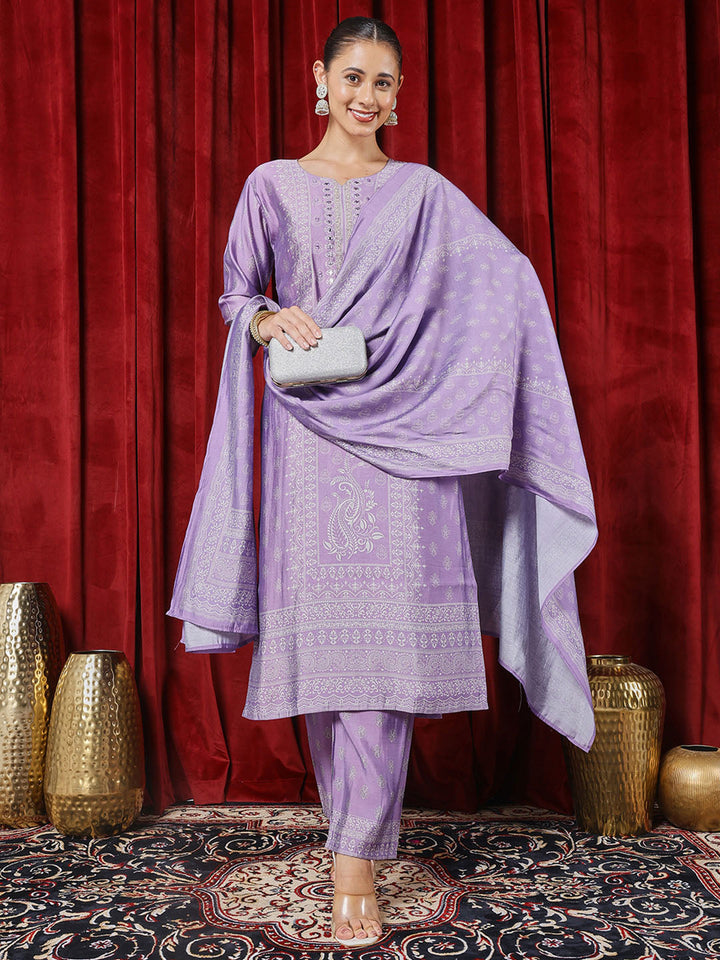 Printed Chanderi Kurta With Pants &amp; Dupatta