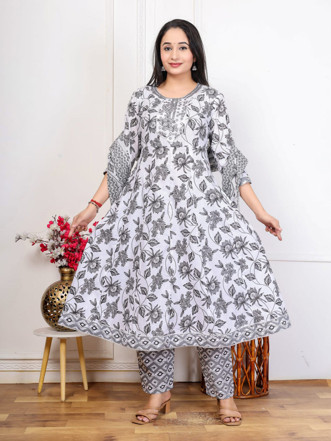 Grey Embroidered Cotton Blend Straight Suit Set With Dupatta
