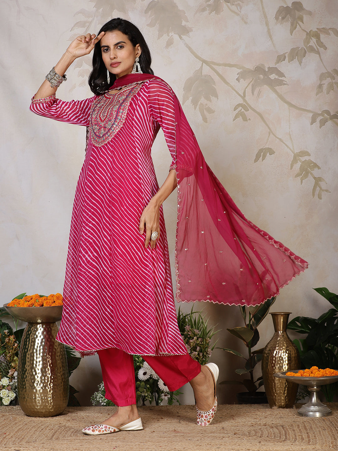 Embroidered Georgette Kurta With Pants & Dupatta