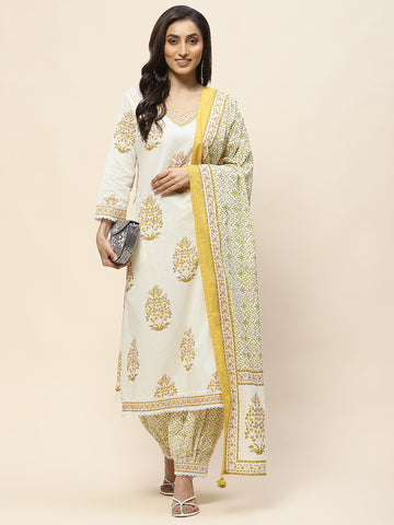 Floral Print Cotton Suit Set With Dupatta