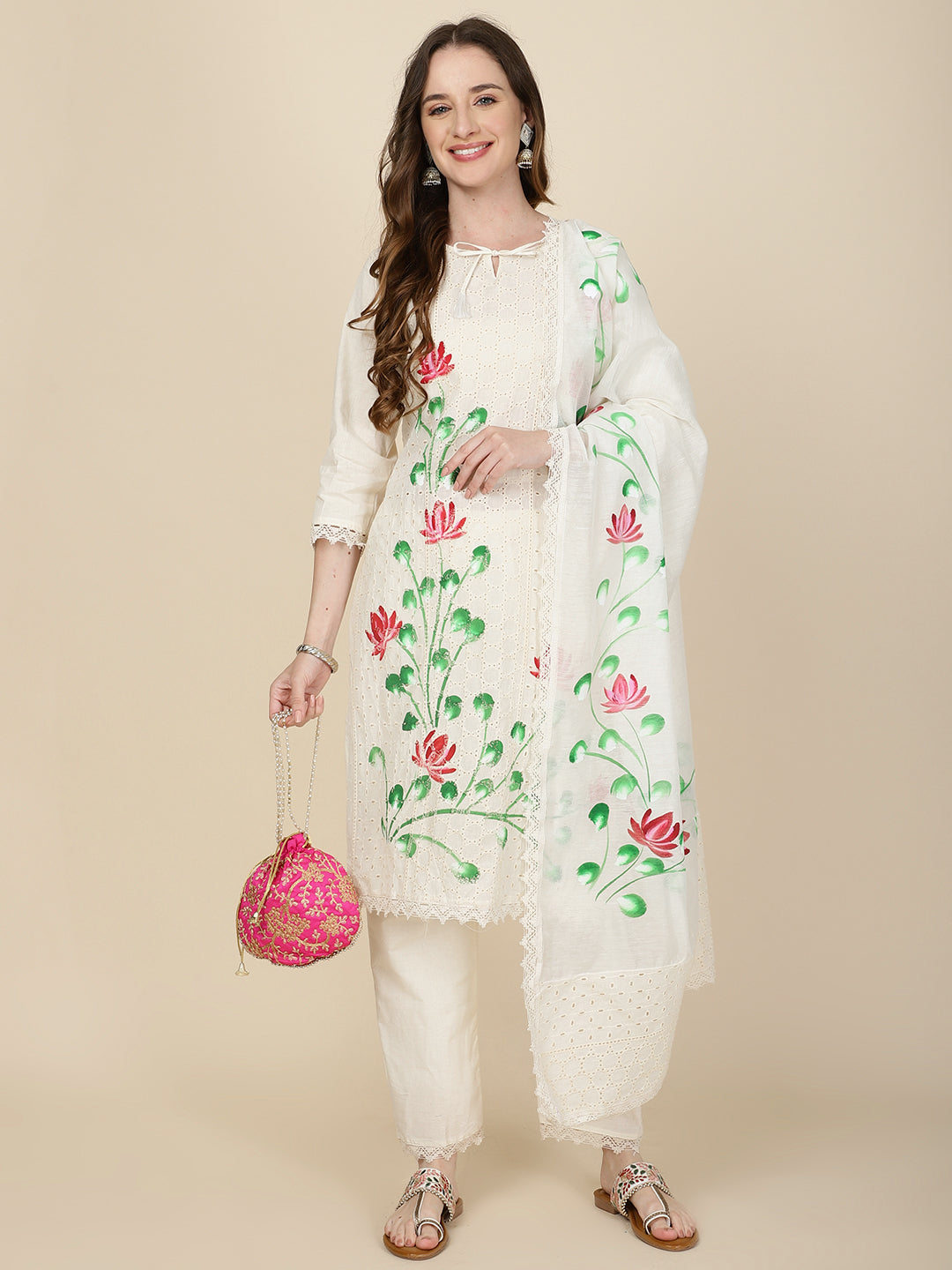 Floral Printed Cotton Kurta With Pants &amp; Dupatta