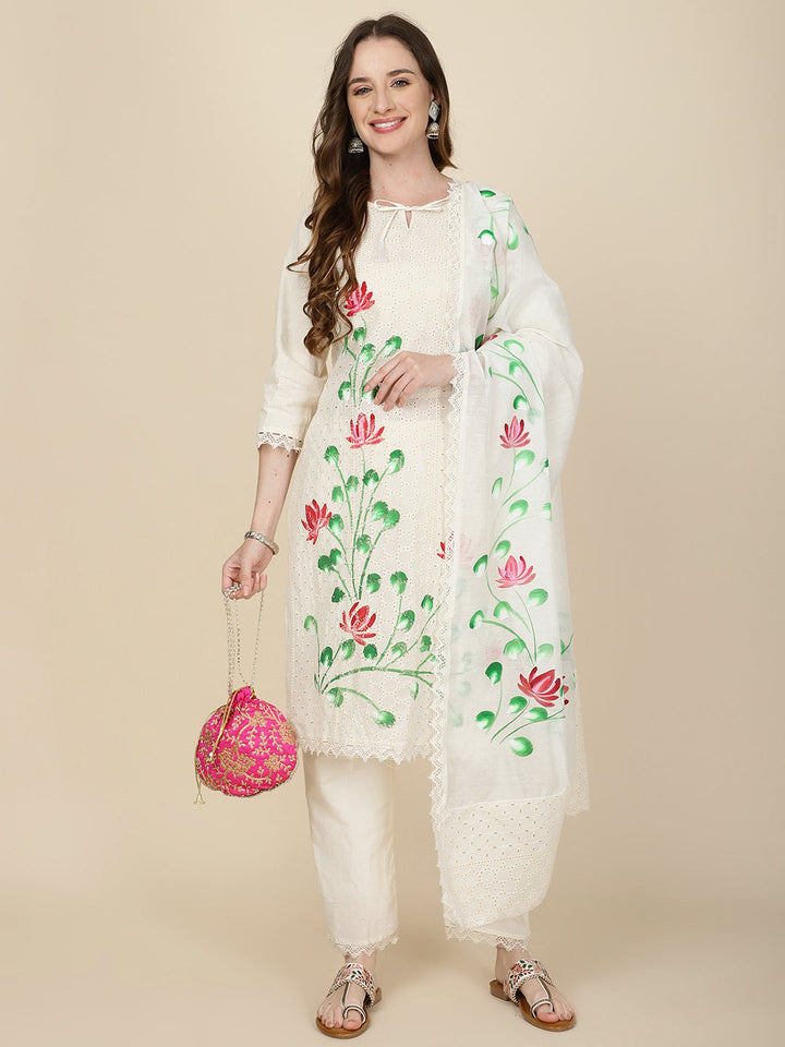 Floral Printed Cotton Kurta With Pants &amp; Dupatta