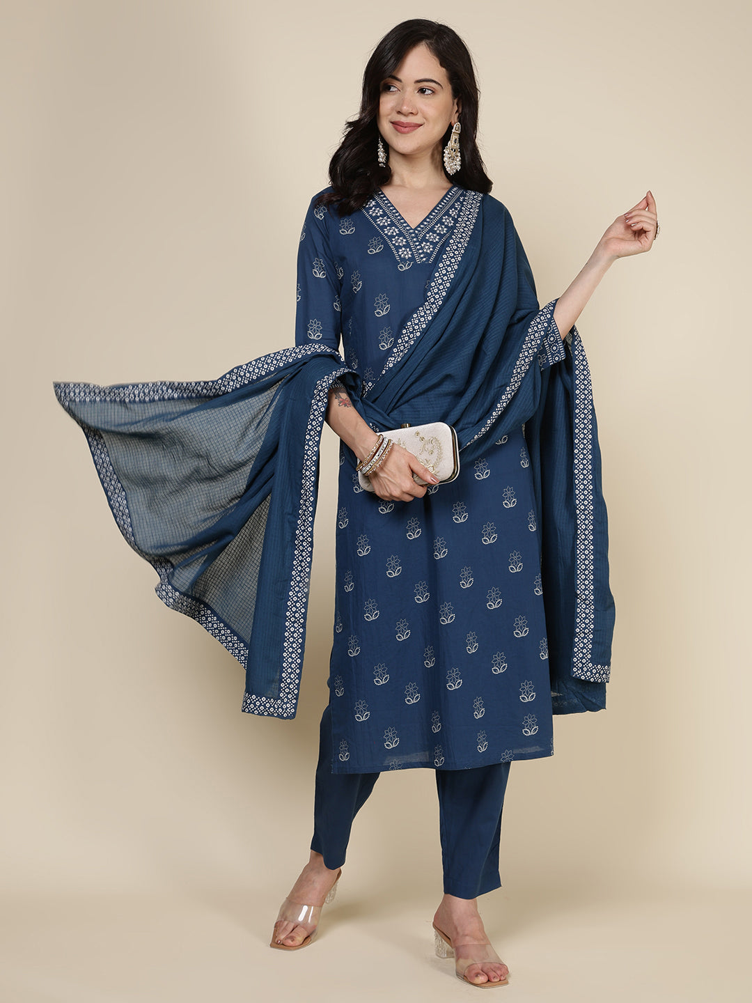 Printed Cotton Blend Kurta With Pants & Dupatta