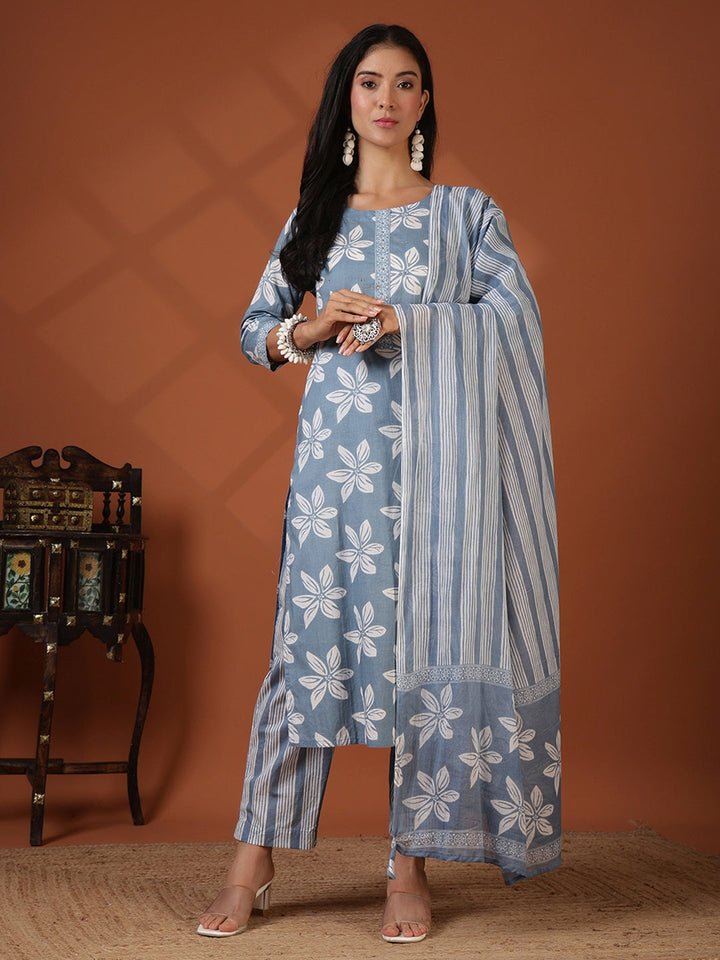 Printed Cotton Blend Kurta With Pant &amp; Dupatta