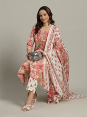 Floral Printed Cotton Blend Anarkali Kurta With Pants & Dupatta