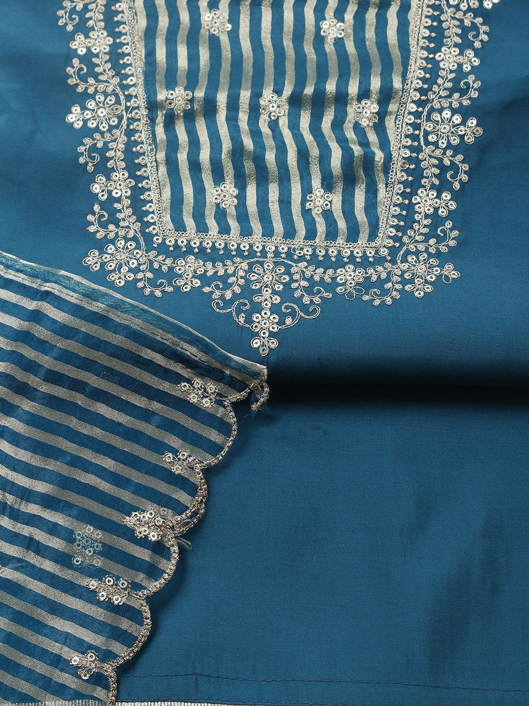 Embroidered Chanderi Unstitched Suit With Pant &amp; Dupatta