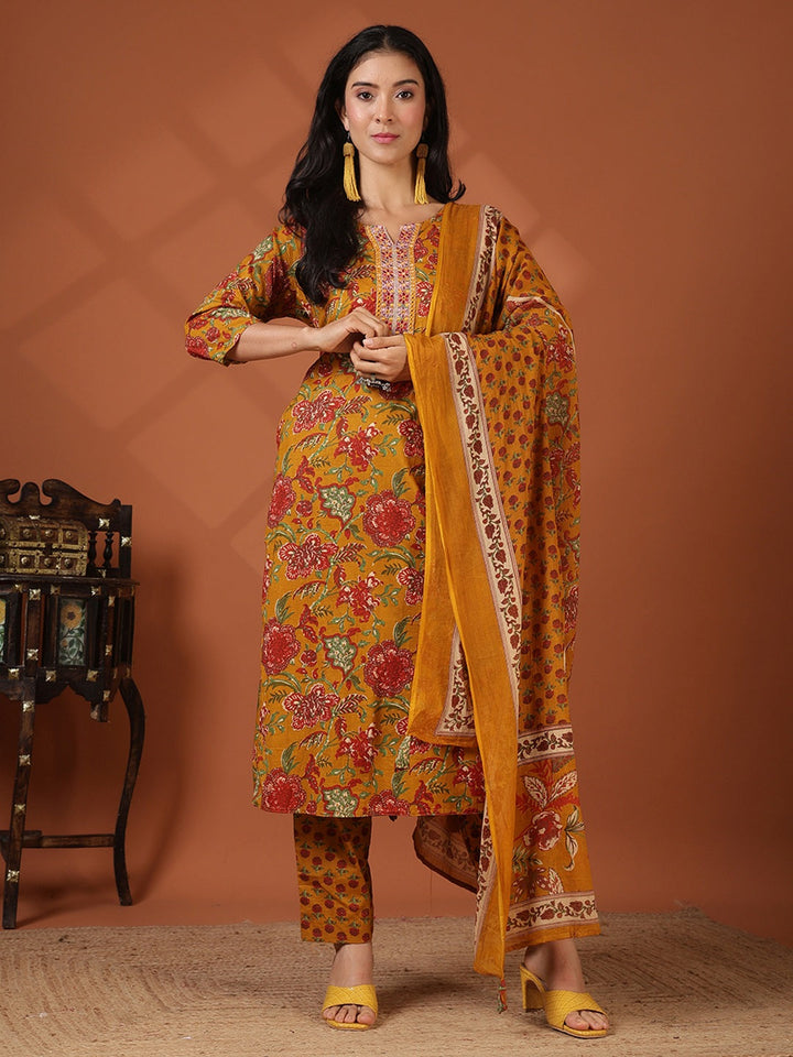 Printed Cotton Blend Kurta With Pant &amp; Dupatta