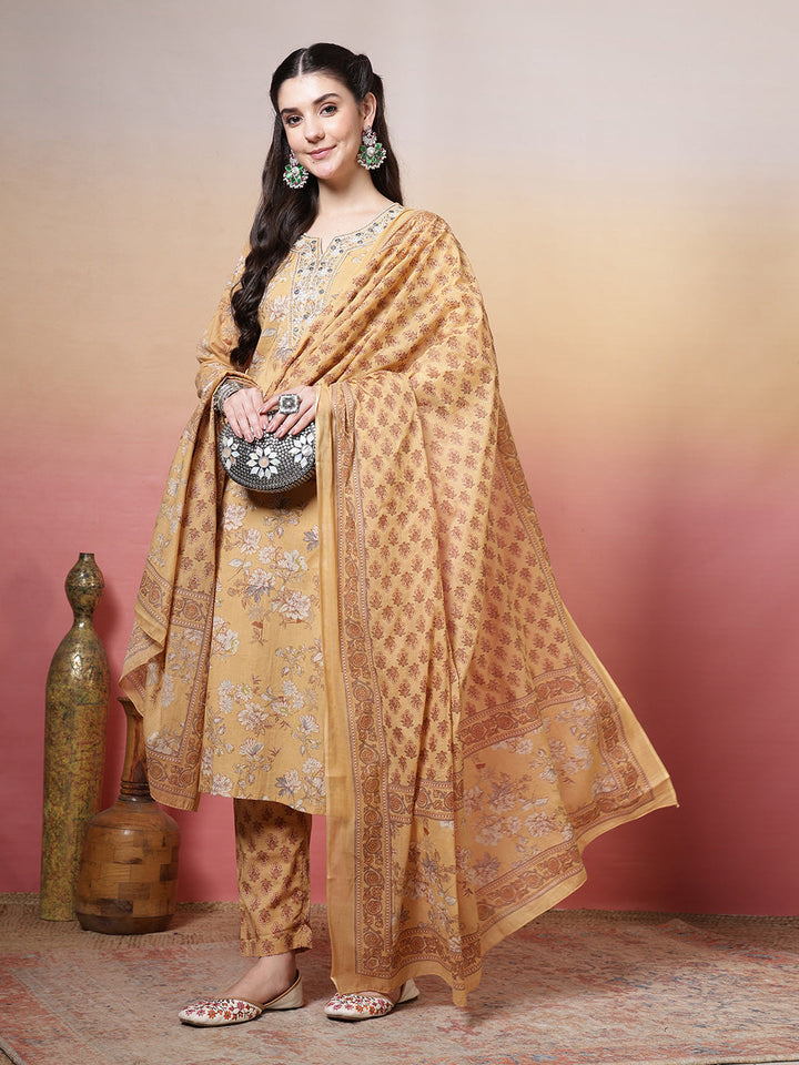 Embroidered Cotton Kurta With Pant &amp; Dupatta
