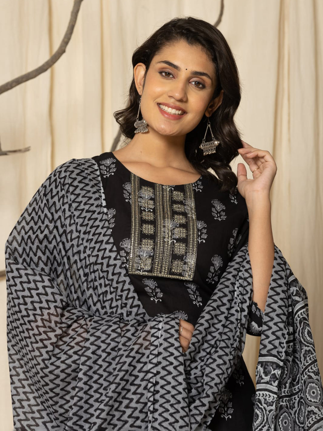 Printed Cotton Blend Kurta With Pants & Dupatta