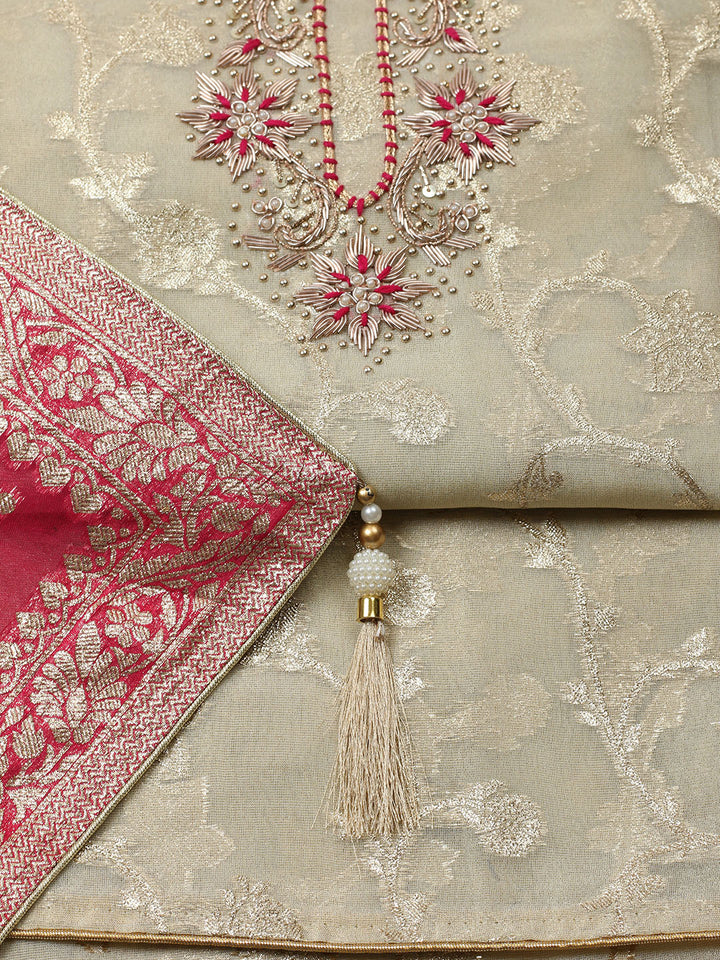 Embroidered Chanderi Unstitched Suit With Pant &amp; Dupatta