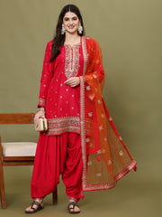 Neck Embroidered Handloom Kurta With Salwar & Dupatta