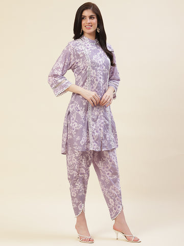 Floral Printed Cotton Kurti With Dhoti Pants