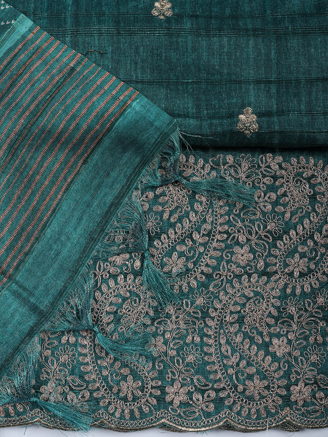 Embroidered Tussar Silk Unstitched Suit With Pant &amp; Dupatta