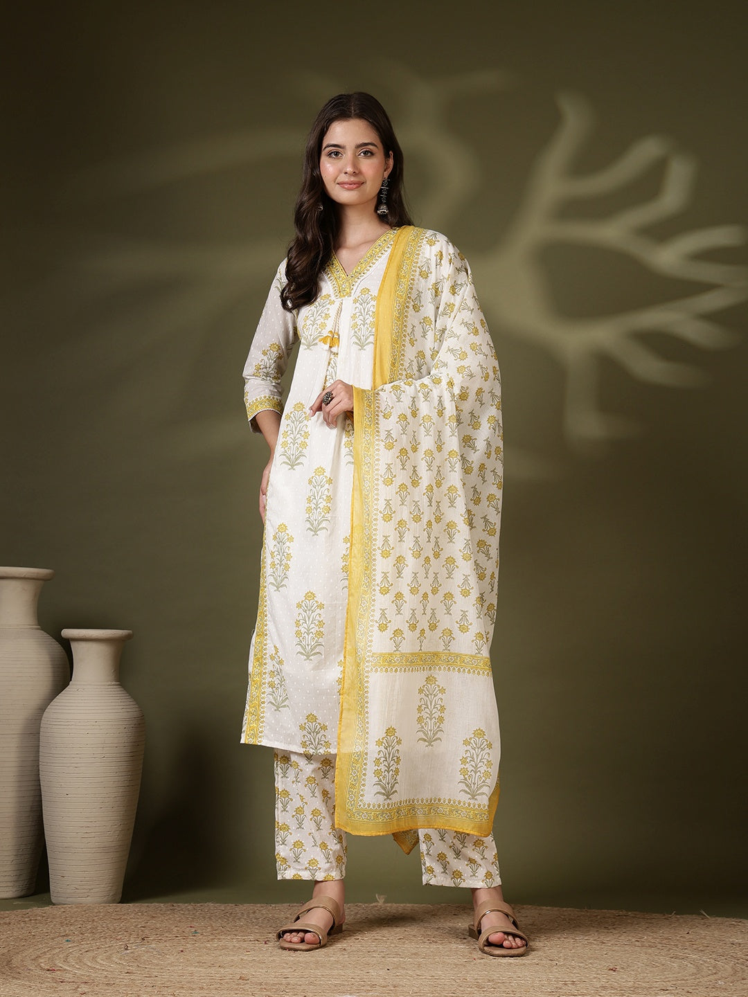 Printed Cotton Blend Kurta With Pant &amp; Dupatta