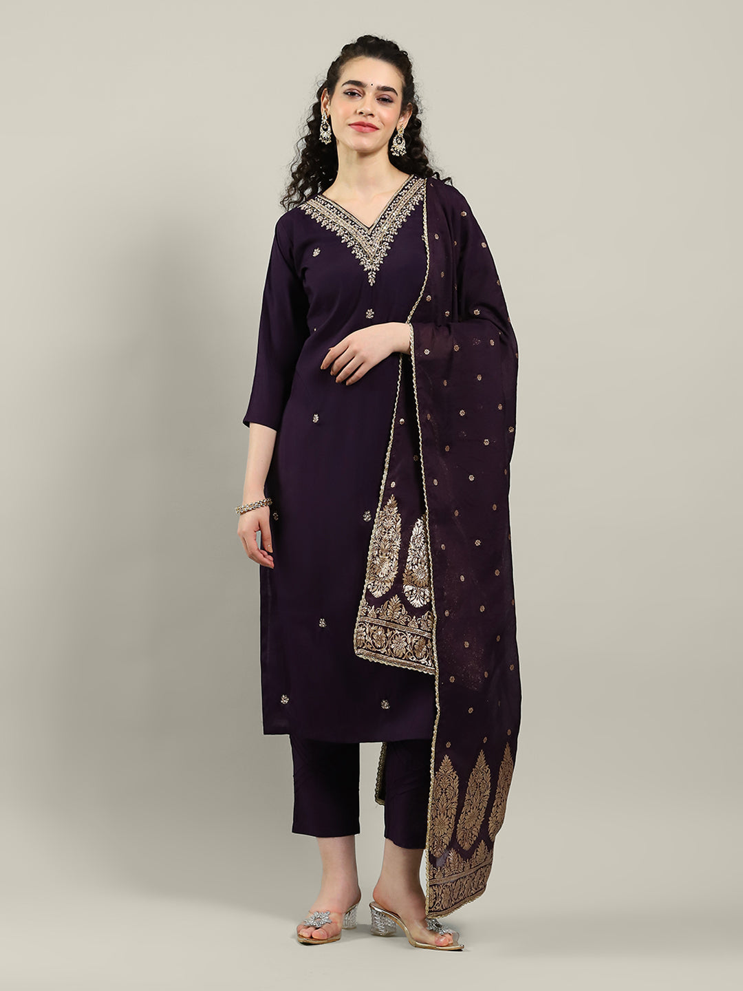 Embroidered Cotton Blend Kurta With Pants & Dupatta
