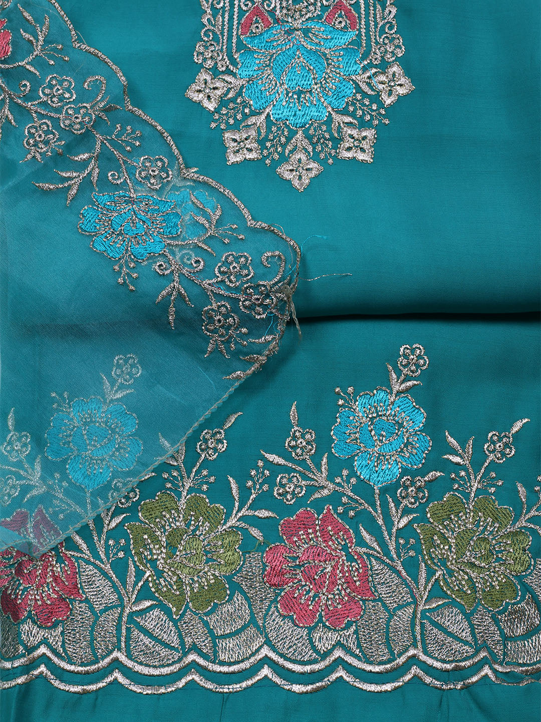 Embroidered Chanderi Unstitched Suit With Dupatta