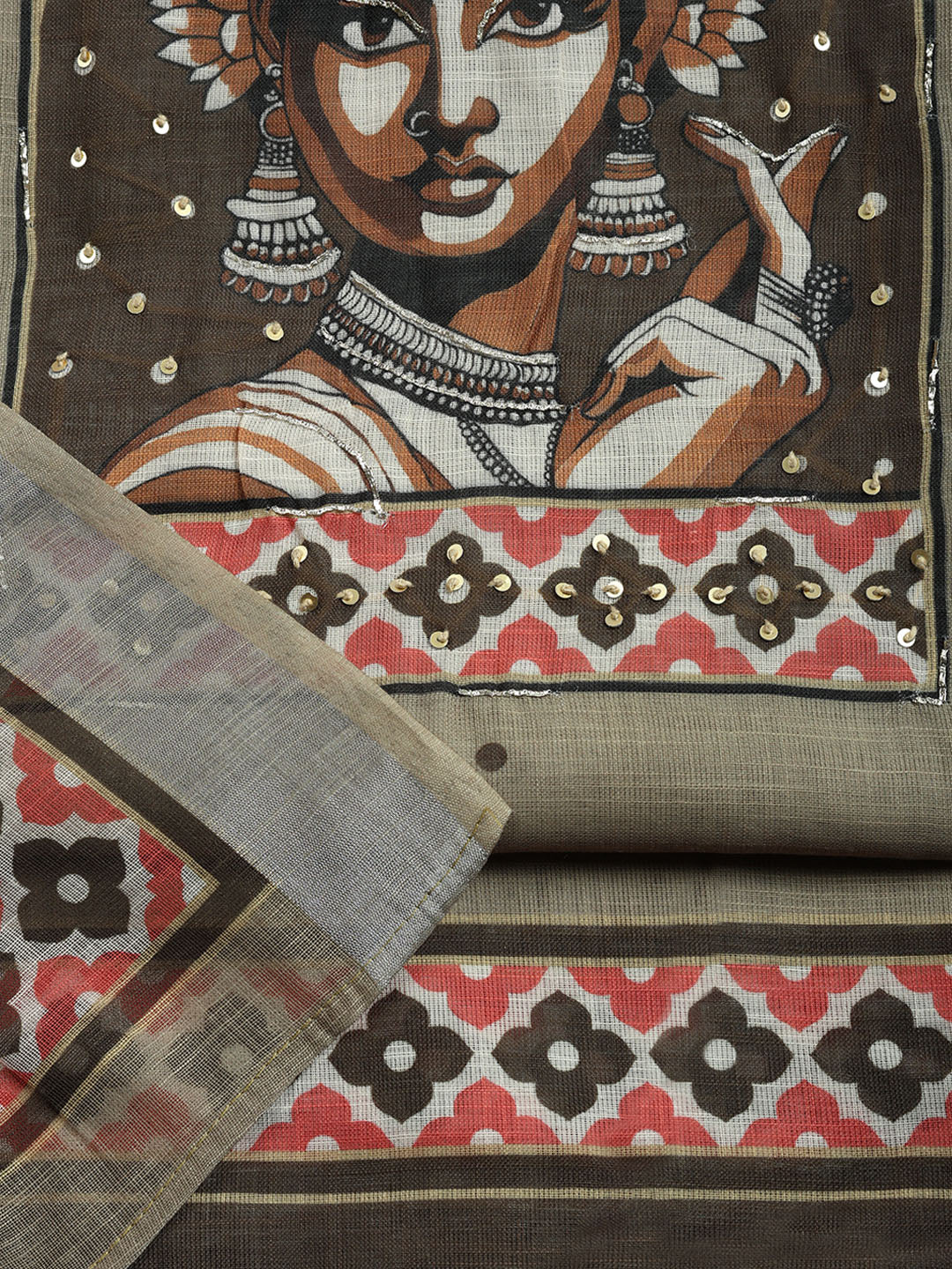 Printed Linen Blend Unstitched Suit With Pant &amp; Dupatta