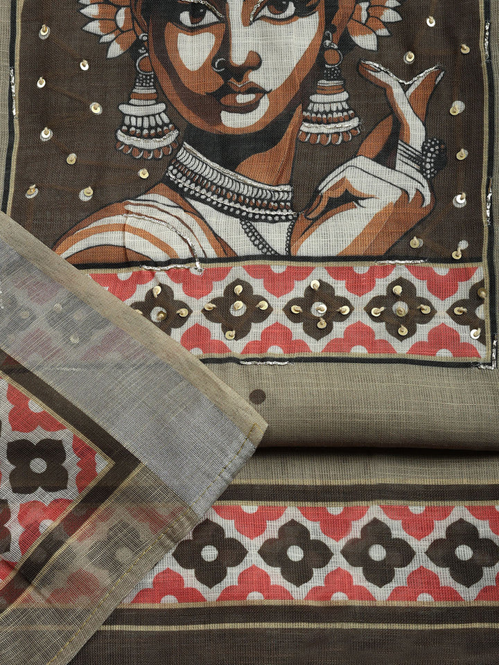 Printed Linen Blend Unstitched Suit With Pant &amp; Dupatta