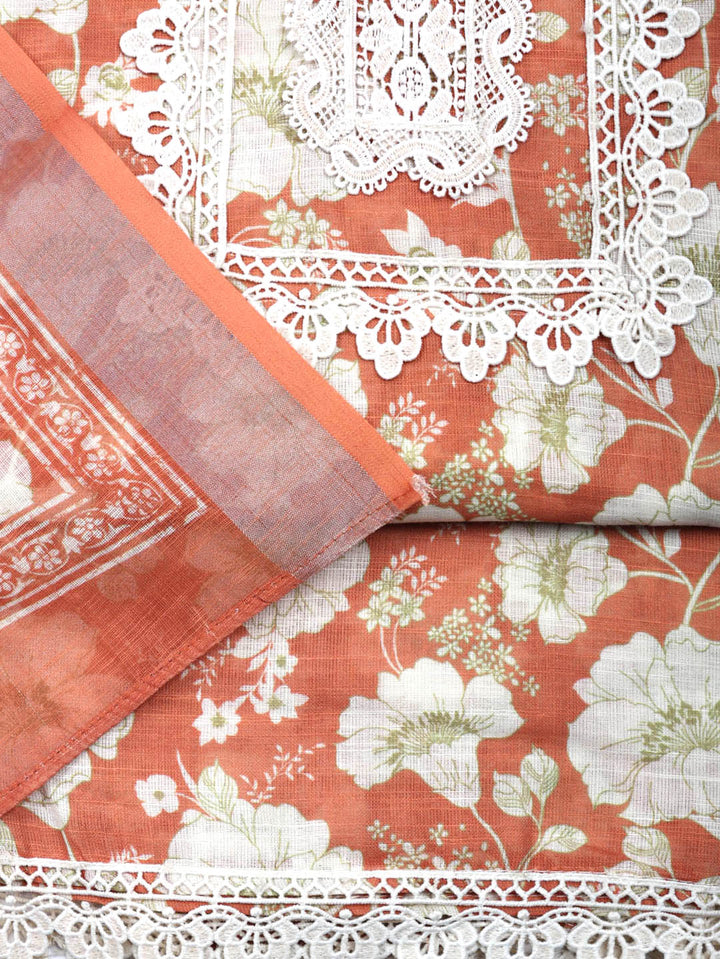 Embroidered Linen Blend Unstitched Suit With Pant &amp; Dupatta