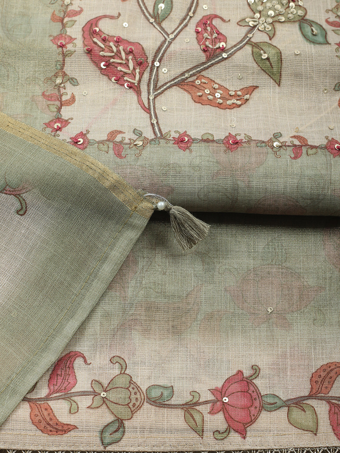 Printed Linen Blend Unstitched Suit With Pant &amp; Dupatta