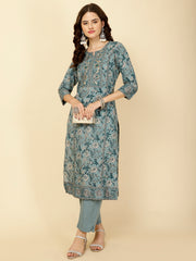 Floral Printed Cotton Straight Kurta With Pants