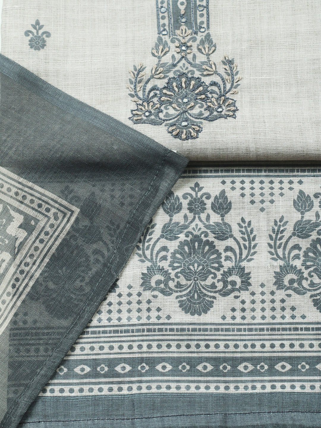 Embroidered Cotton Blend Unstitched Suit With Pant &amp; Dupatta