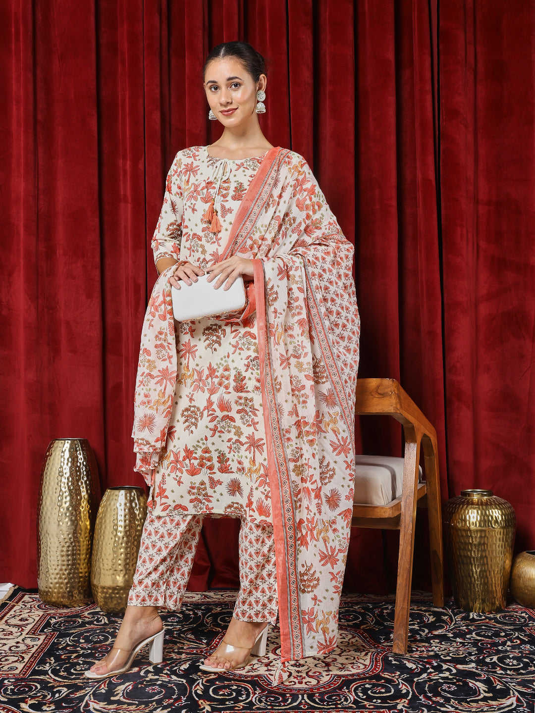 Printed Cotton Blend Kurta With Pants & Dupatta