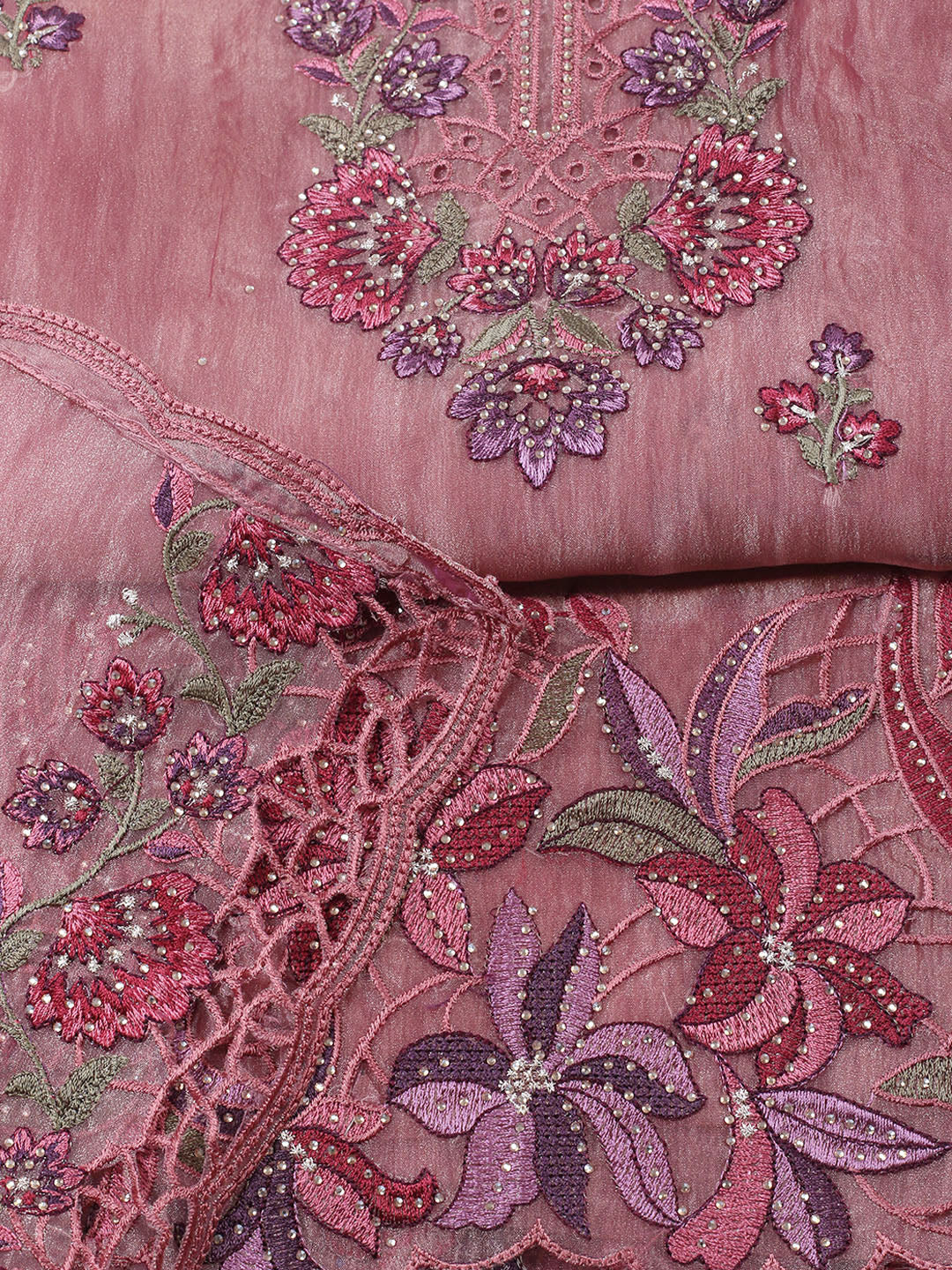 Embroidered Tissue Unstitched Suit With Pant &amp; Dupatta