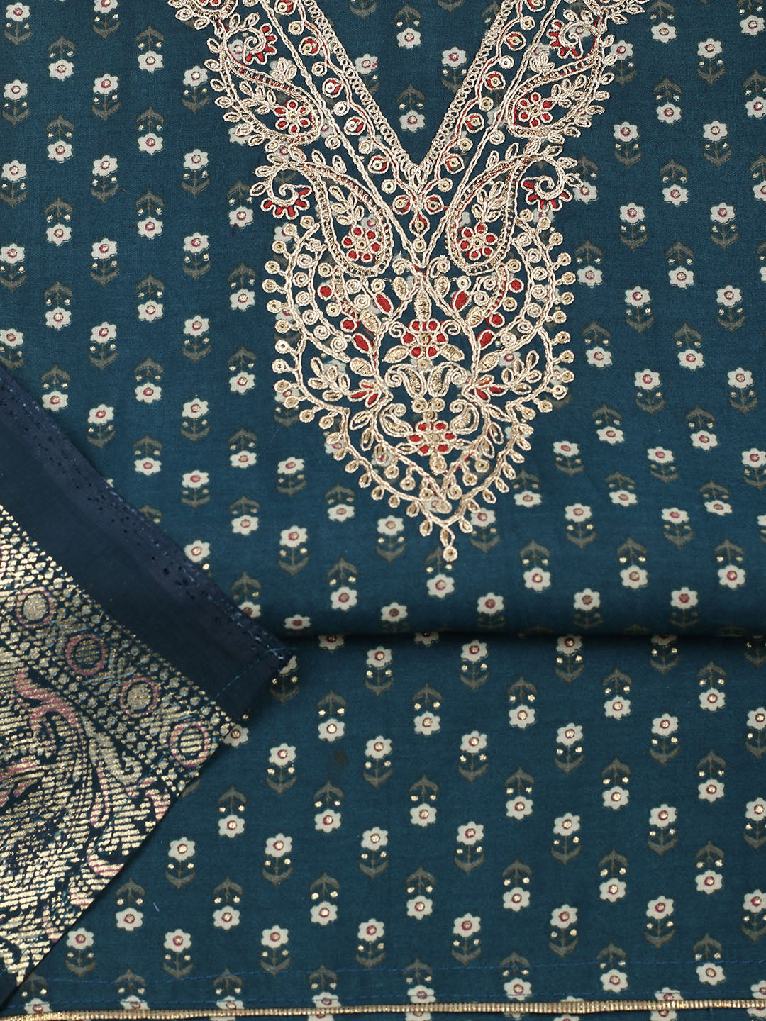 Embroidered Cotton Blend Unstitched Suit With Pant &amp; Dupatta
