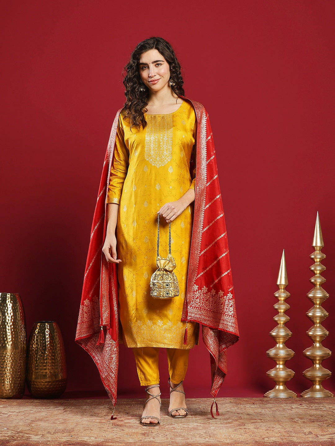Embroidered Cotton Kurta With Pant &amp; Dupatta
