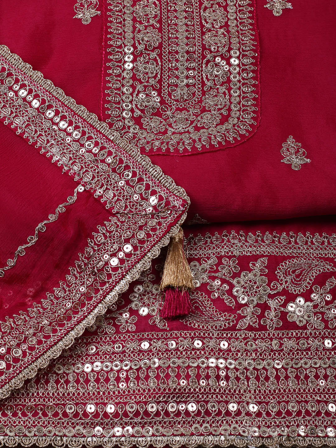 Embroidered Chinon Unstitched Suit With Pant &amp; Dupatta