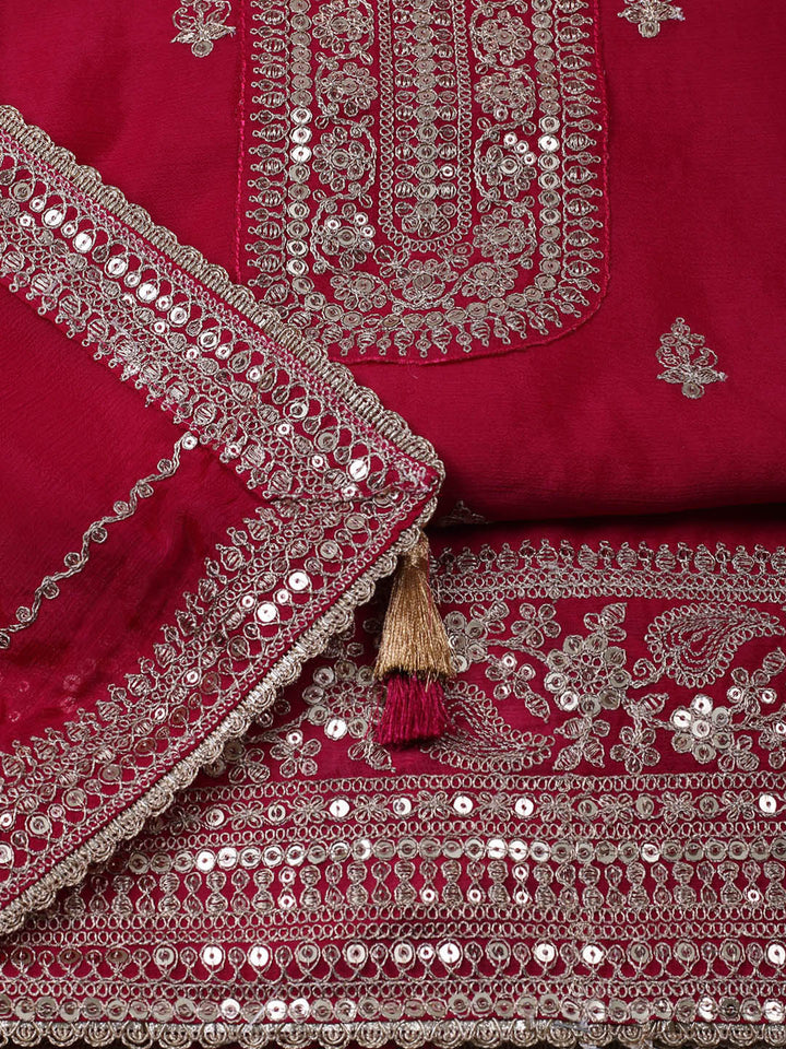 Embroidered Chinon Unstitched Suit With Pant &amp; Dupatta