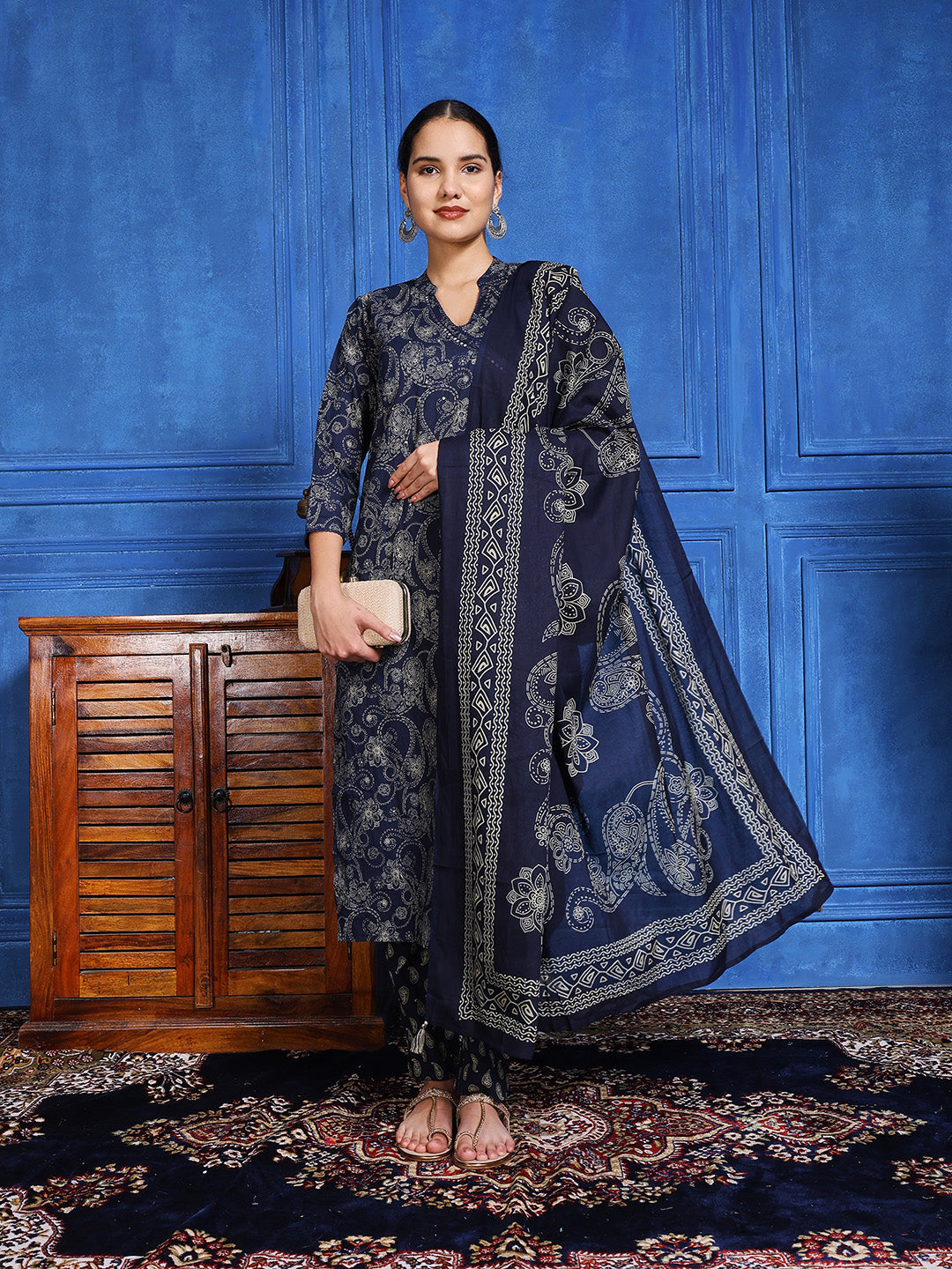 Printed Cotton Blend Kurta With Pants & Dupatta