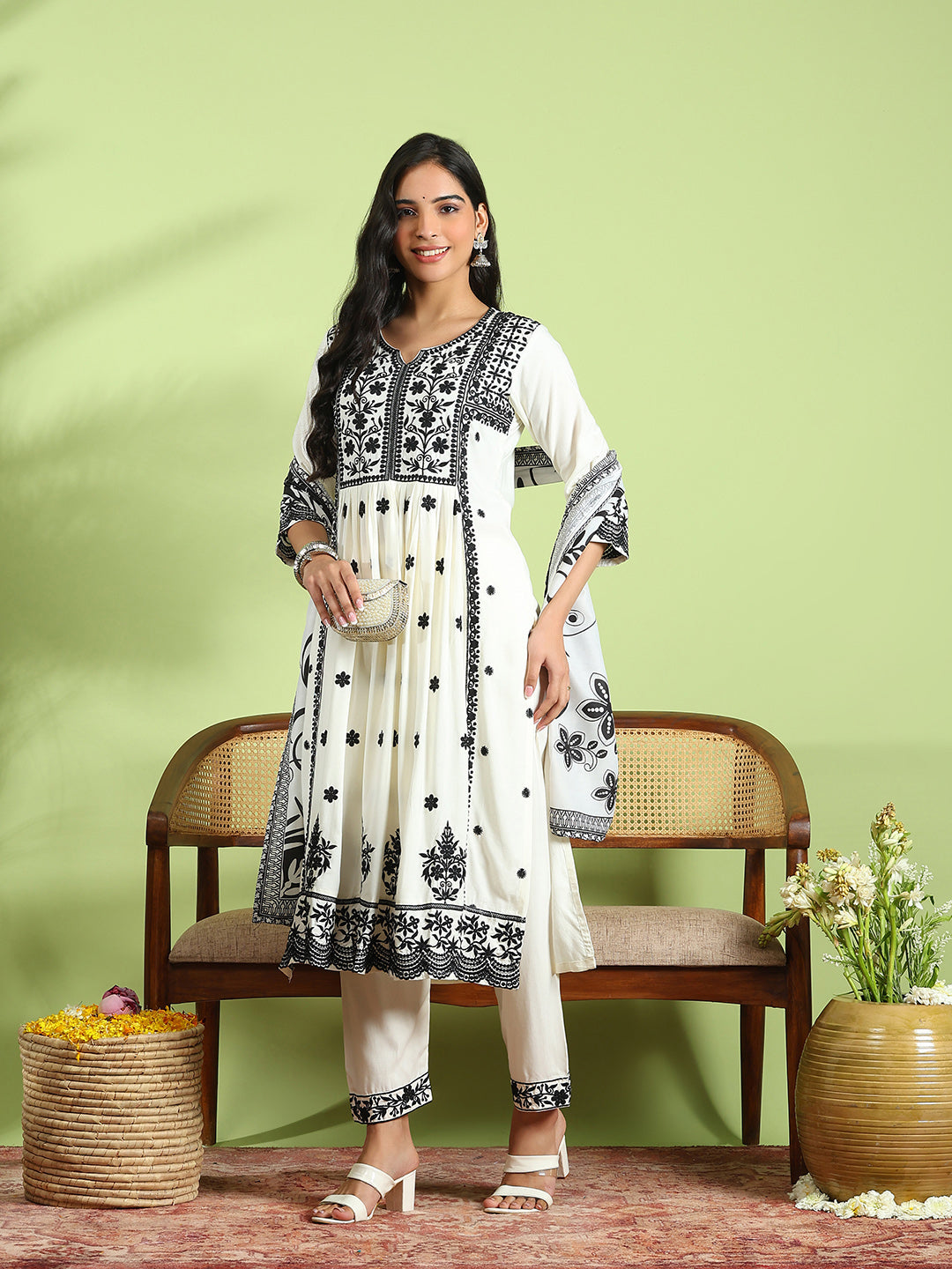 Embroidered Cotton Kurta With Pant &amp; Dupatta