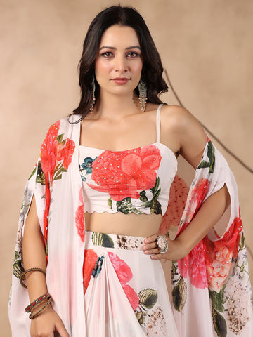 Printed Crepe Cape And Dhoti Skirt Set