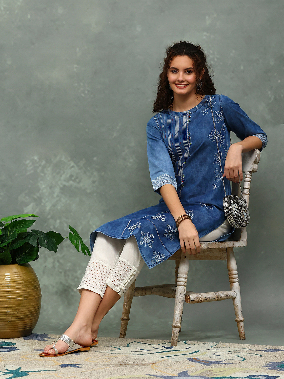 Printed Denim Kurta