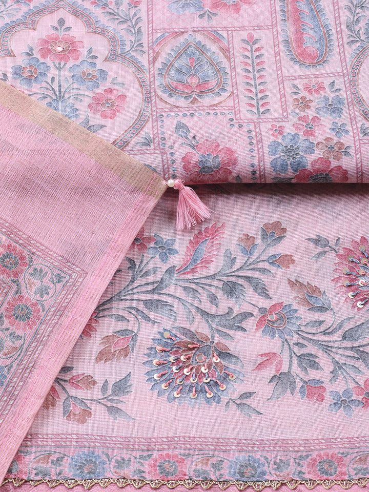 Printed Linen Blend Unstitched Suit With Pant &amp; Dupatta
